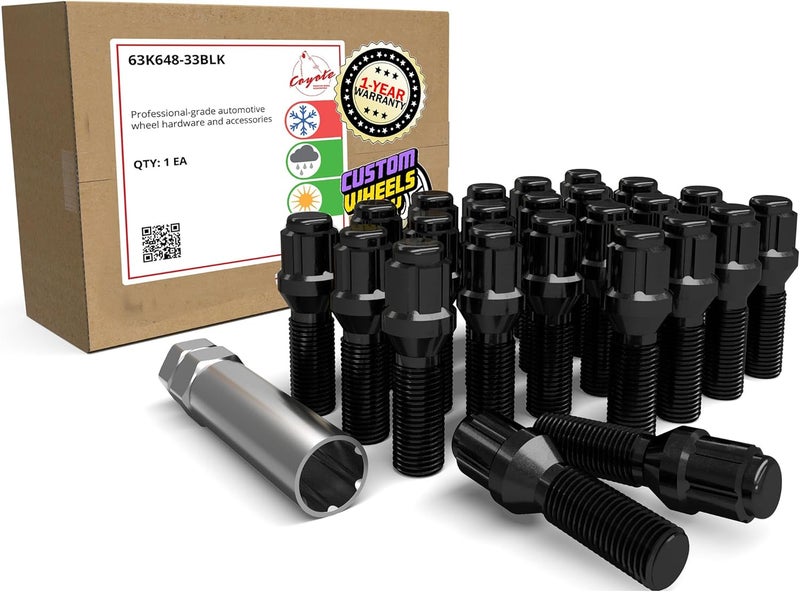 Coyote Professional-Grade Wheel Lug Bolts - 24 PC M14x1.5 33mm Black Spline Lug Bolt Set - Image 1