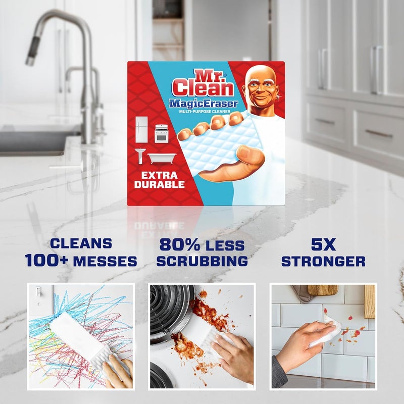 Mr Clean إسفنجة ممحاة سحرية، منظف متعدد الاستخدامات، فرك للتنظيف، للجدران، الأحذية، المطبخ، الحمام، منظف الدش، مستلزمات التنظيف، إسفنجة ميلامين، وسادات التنظيف، فائقة التحمل، 10 قطع - Image 2