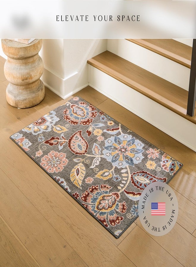 Maples Rugs Gardena Floral Area Rugs - Made in USA - Washable, Non Slip Indoor Carpet for Entryway, Foyer, Kitchen, and Bathroom, 2'6 x 3'10, Gray - Image 2
