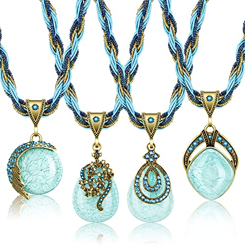 MTLEE 4 Pieces Bohemian Turquoise Necklaces for Women Retro Vintage Pendant Twist Woven Rope Jewelry Gifts Rhinestone Boho Collar Necklaces Bulk for Spring Easter Holiday Supplies - Image 1