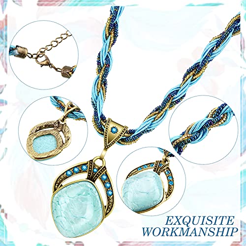 MTLEE 4 Pieces Bohemian Turquoise Necklaces for Women Retro Vintage Pendant Twist Woven Rope Jewelry Gifts Rhinestone Boho Collar Necklaces Bulk for Spring Easter Holiday Supplies - Image 3
