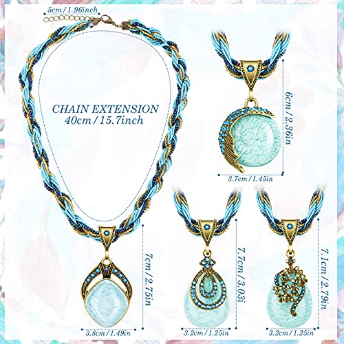 MTLEE 4 Pieces Bohemian Turquoise Necklaces for Women Retro Vintage Pendant Twist Woven Rope Jewelry Gifts Rhinestone Boho Collar Necklaces Bulk for Spring Easter Holiday Supplies - Image 2