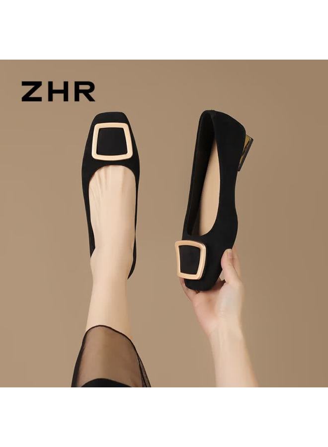 Zhr Zese Elegant Intellectual Shallow Mouth Chunky Heel Women's Commuting Square Toe Loafers Bl527 Black 35 - Image 1