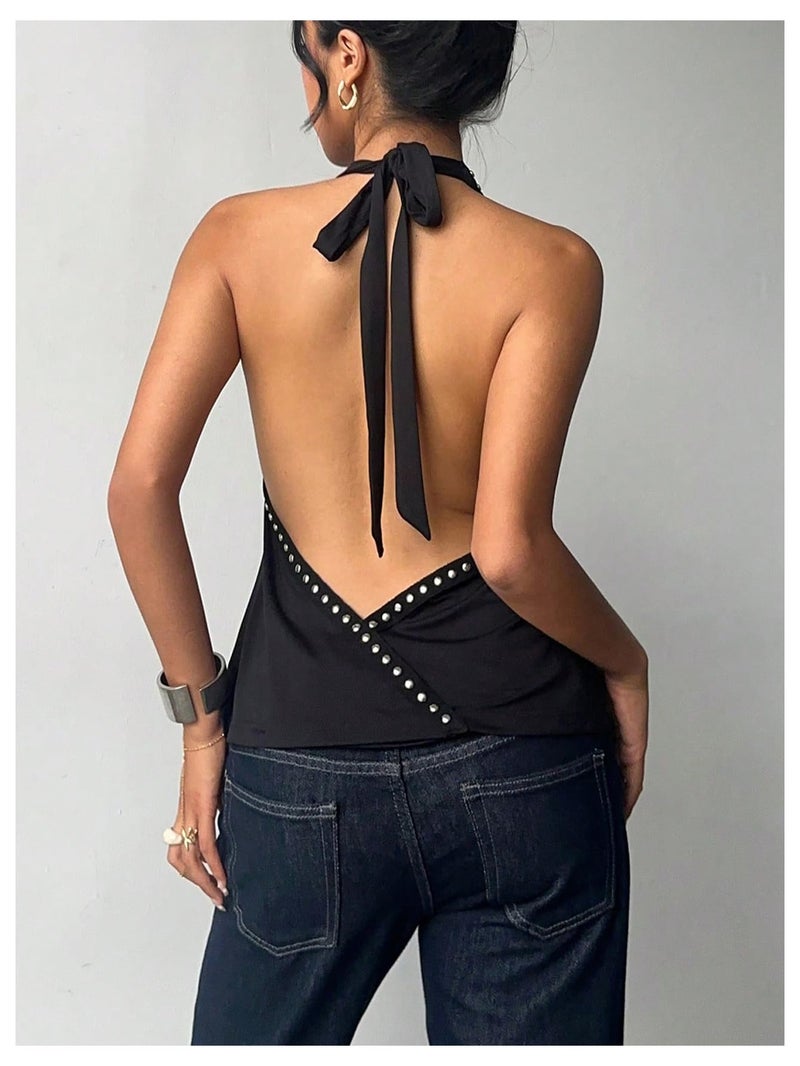 MakeMeChic Women's Halter Tank Top Deep V Cowl Neck Backless Rivet Summer Going Out Tops Black Small - Image 2