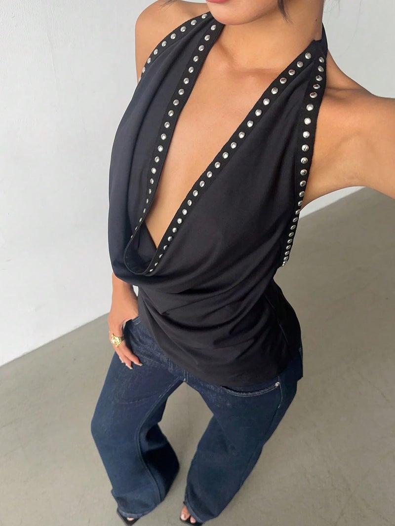 MakeMeChic Women's Halter Tank Top Deep V Cowl Neck Backless Rivet Summer Going Out Tops Black Small - Image 3