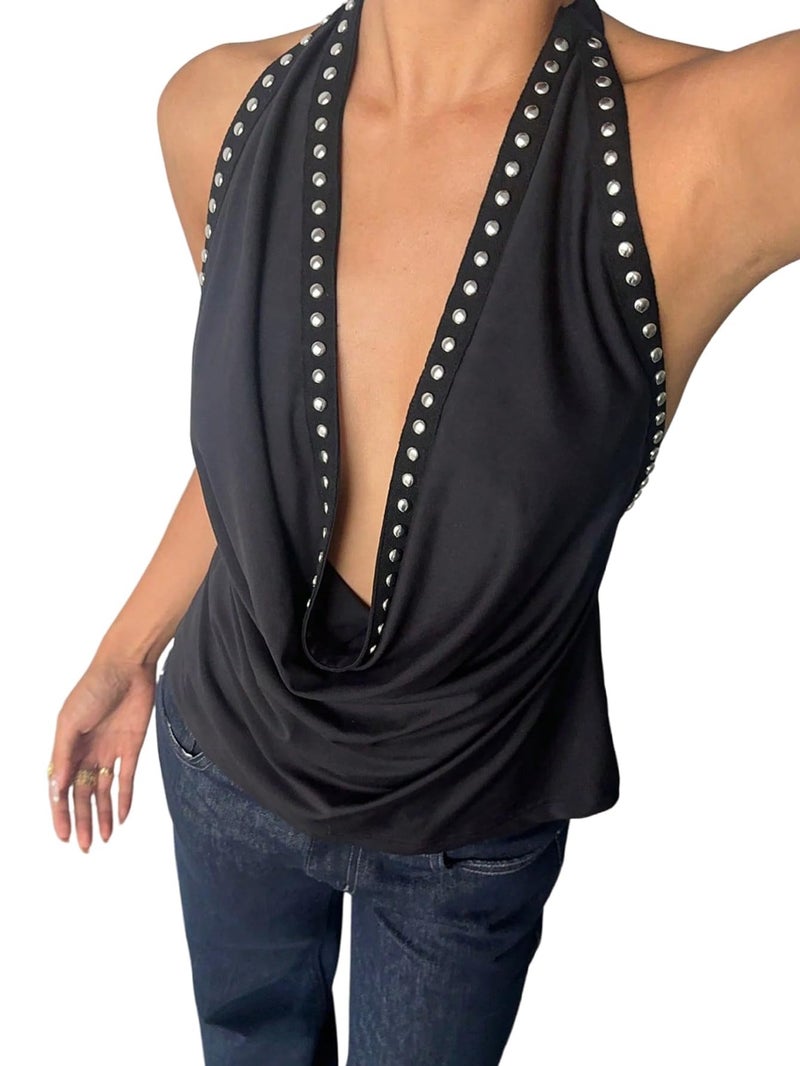 MakeMeChic Women's Halter Tank Top Deep V Cowl Neck Backless Rivet Summer Going Out Tops Black Small - Image 1