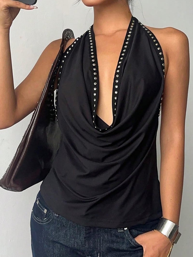 MakeMeChic Women's Halter Tank Top Deep V Cowl Neck Backless Rivet Summer Going Out Tops Black Small - Image 5