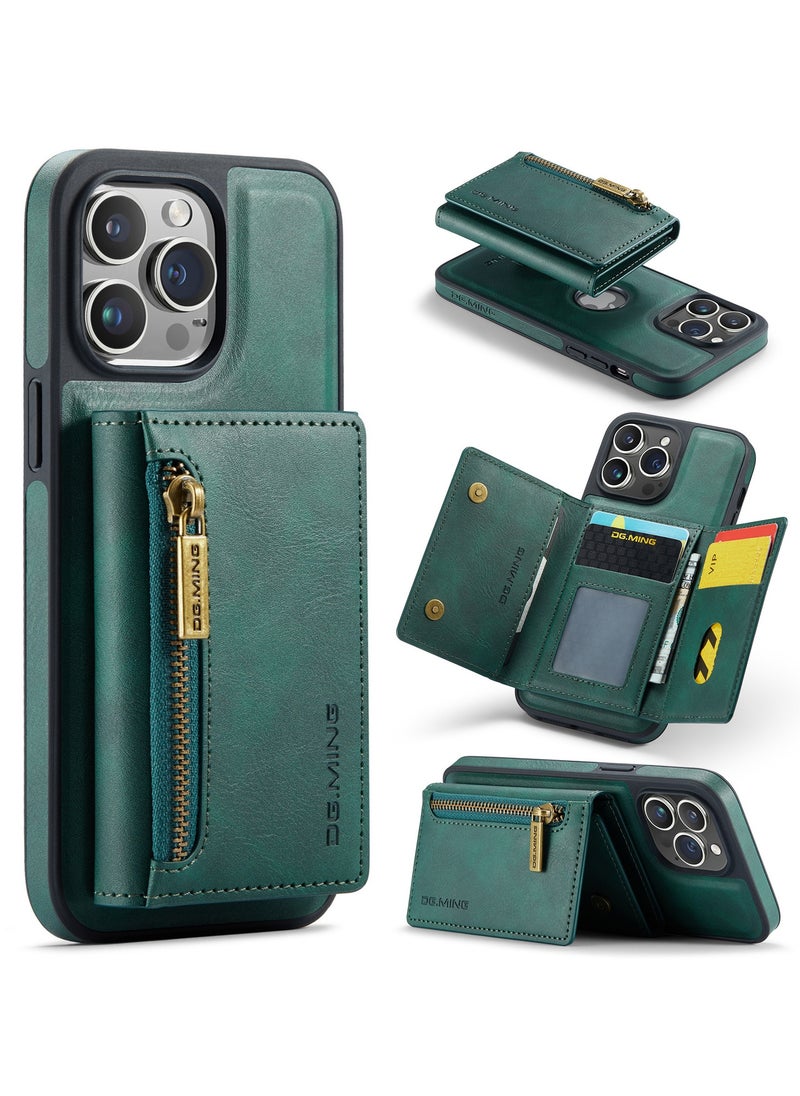 DGMING - CaseMe Wallet Case for iPhone 14 Pro DGMING Premium Leather Phone Case Back Cover Magnetic Detachable with Trifold Wallet Card Holder Pocket - Green - Image 1