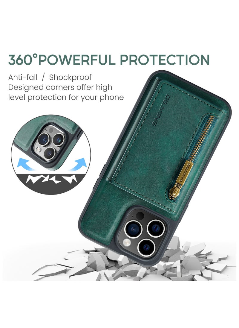 DGMING - CaseMe Wallet Case for iPhone 14 Pro DGMING Premium Leather Phone Case Back Cover Magnetic Detachable with Trifold Wallet Card Holder Pocket - Green - Image 1