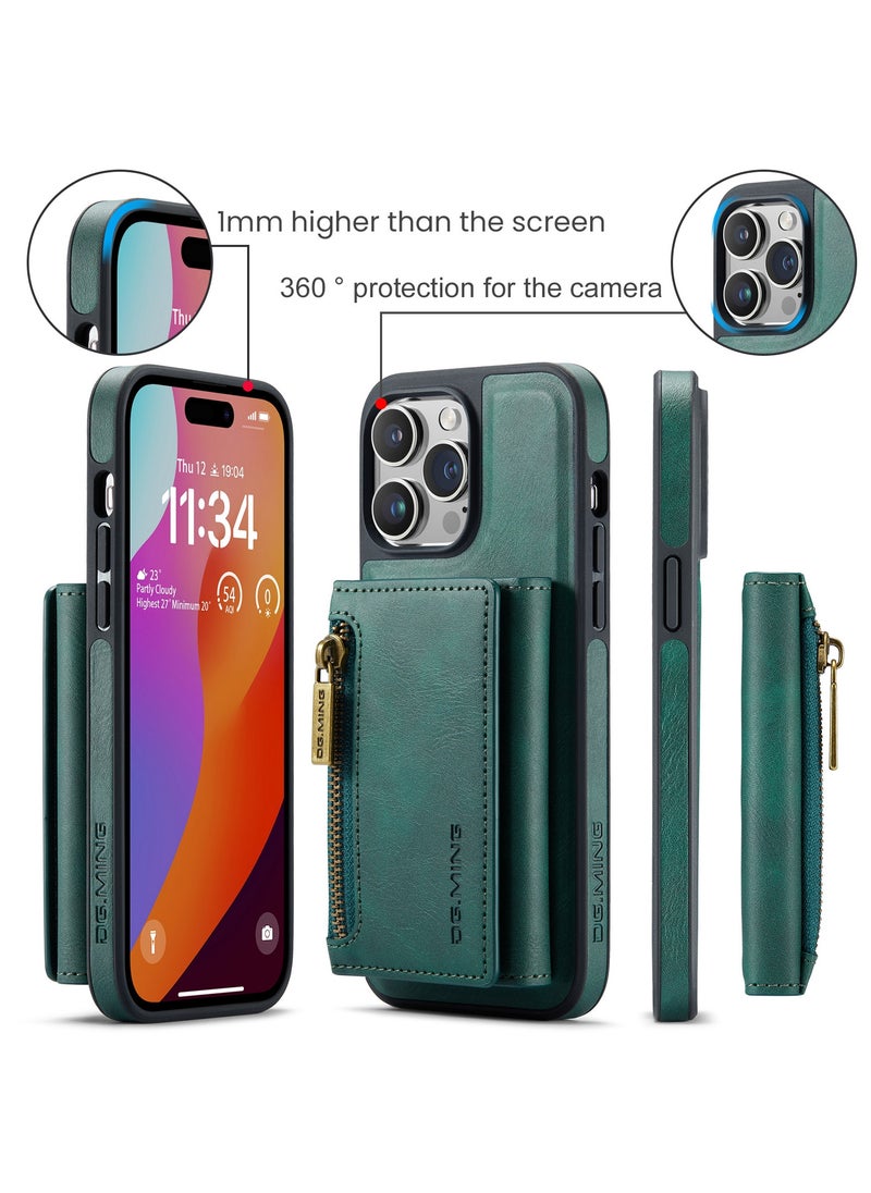 DGMING - CaseMe Wallet Case for iPhone 14 Pro DGMING Premium Leather Phone Case Back Cover Magnetic Detachable with Trifold Wallet Card Holder Pocket - Green - Image 1