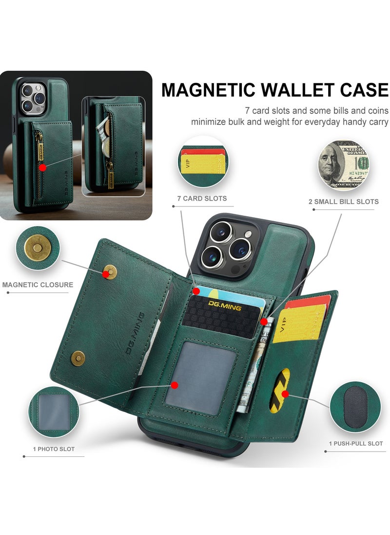 DGMING - CaseMe Wallet Case for iPhone 14 Pro DGMING Premium Leather Phone Case Back Cover Magnetic Detachable with Trifold Wallet Card Holder Pocket - Green - Image 1
