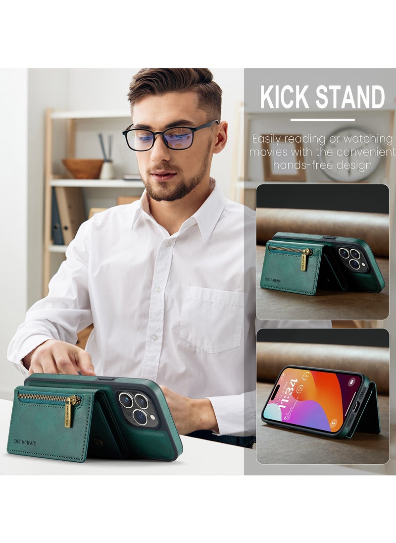DGMING - CaseMe Wallet Case for iPhone 14 Pro DGMING Premium Leather Phone Case Back Cover Magnetic Detachable with Trifold Wallet Card Holder Pocket - Green - Image 1