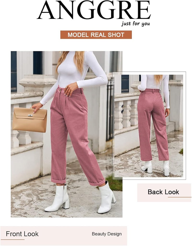 klarako Womens Casual High Waisted Corduroy Straight Leg Pants Loose Comfy Trousers with Pockets(Pink,Medium) - Image 3