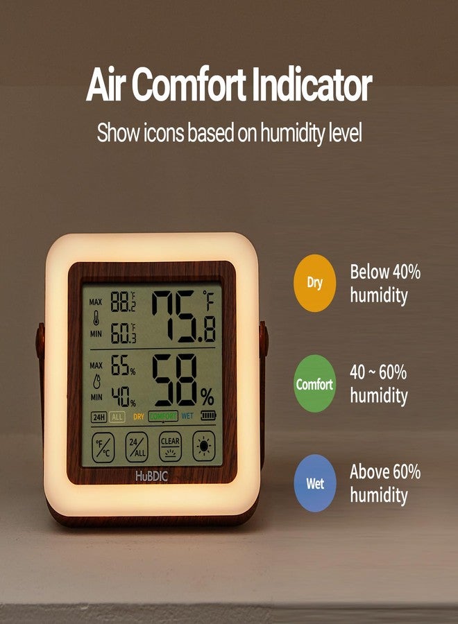 HuBDIC Digital Hygrometer Indoor Thermometer with Humidity Monitor, Room Temperature & Humidity Gauge for Home, Baby Room, Bedroom, Office, Greenhouse, Cellar, with Portable Night Light (Dark Wood) - Image 5