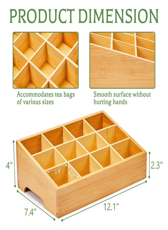 TIMIEEYA Tea Bag Organizer - Bamboo Tea Storage Organizer With 12 Compartments, 1 Layer Tea Organizer for Tea Bags Natural Bamboo for Countertop Office Kitchen Cabinet Pantry - Image 2