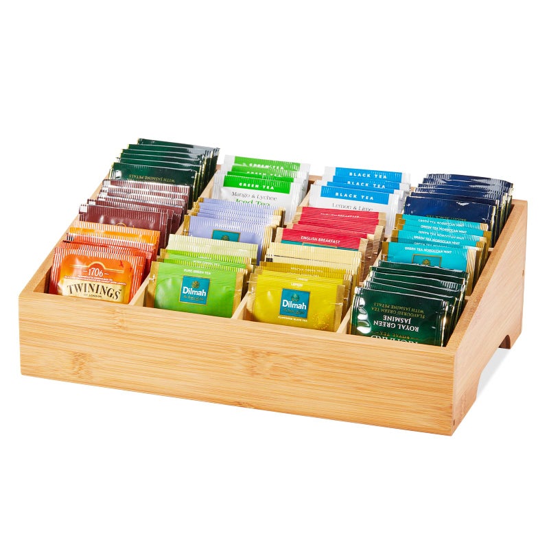 TIMIEEYA Tea Bag Organizer - Bamboo Tea Storage Organizer With 12 Compartments, 1 Layer Tea Organizer for Tea Bags Natural Bamboo for Countertop Office Kitchen Cabinet Pantry - Image 1