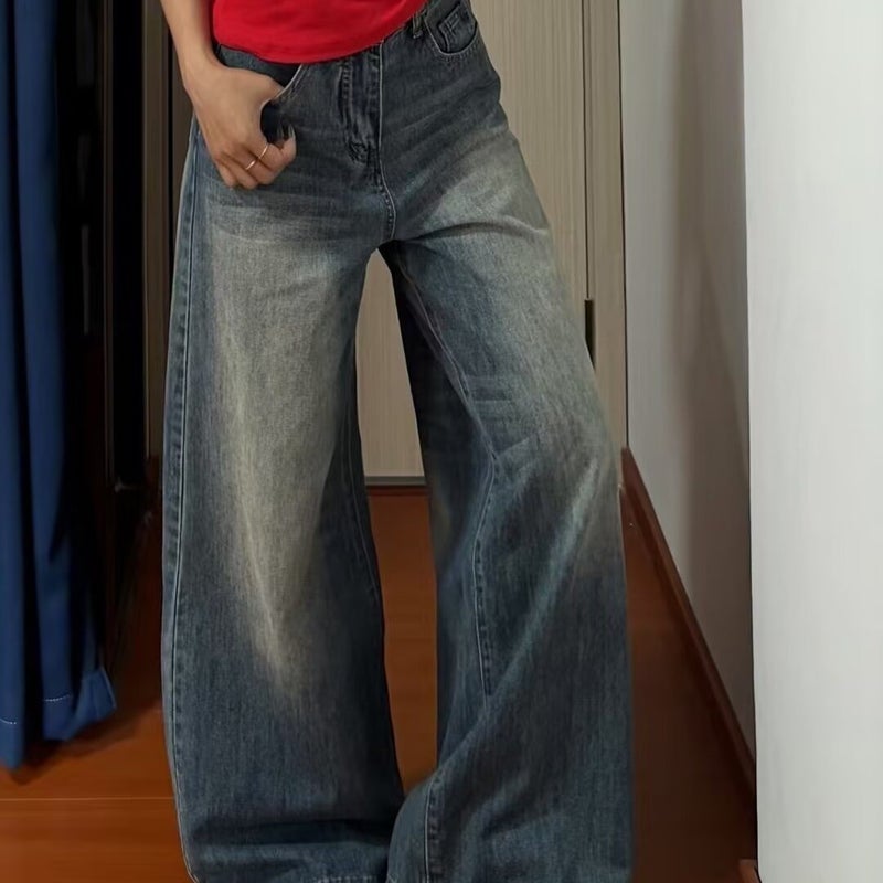 Petite Retro Washed A-Line Wide-Leg Jeans For Women, High-Waisted Loose Slimming Straight-Leg Floor-Length Pants - Image 5
