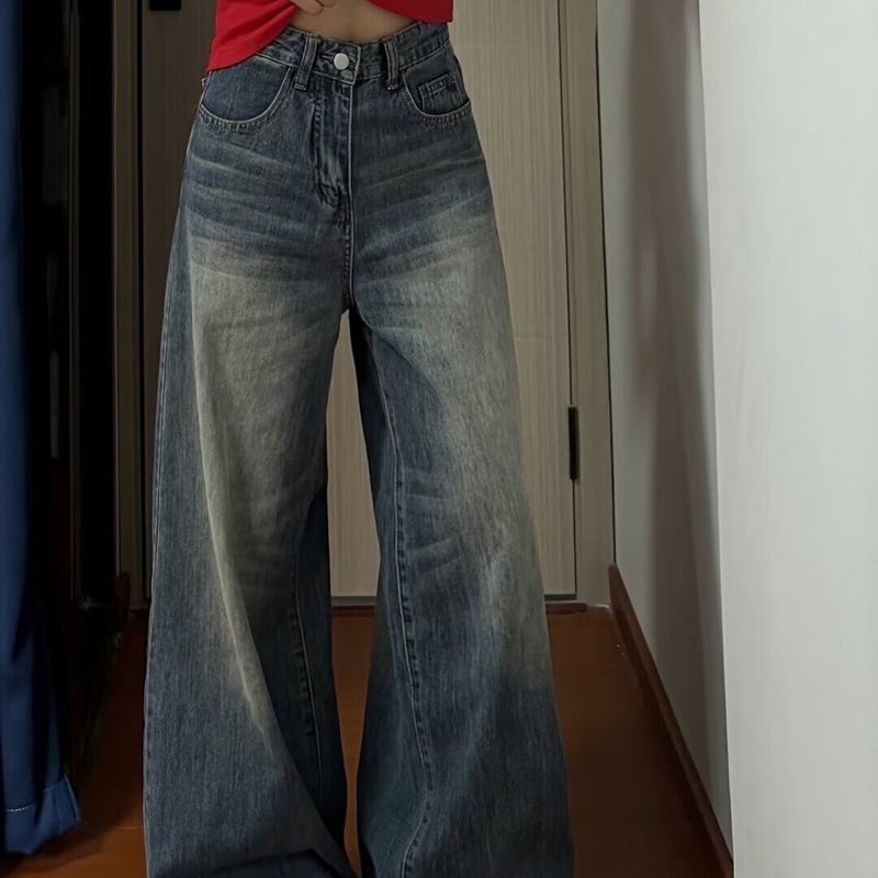 Petite Retro Washed A-Line Wide-Leg Jeans For Women, High-Waisted Loose Slimming Straight-Leg Floor-Length Pants - Image 3