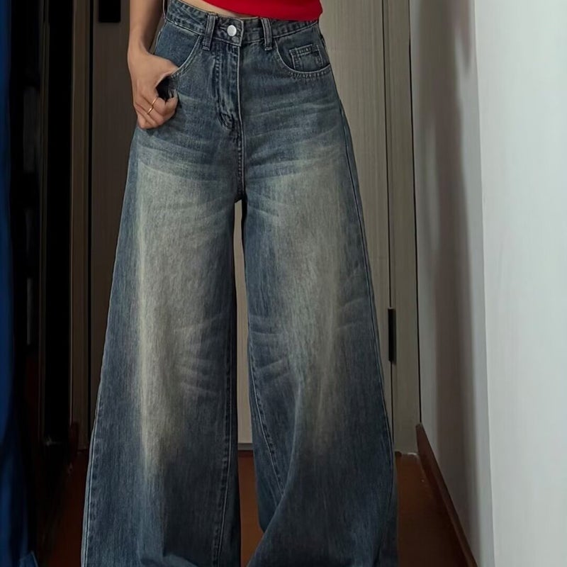 Petite Retro Washed A-Line Wide-Leg Jeans For Women, High-Waisted Loose Slimming Straight-Leg Floor-Length Pants - Image 4