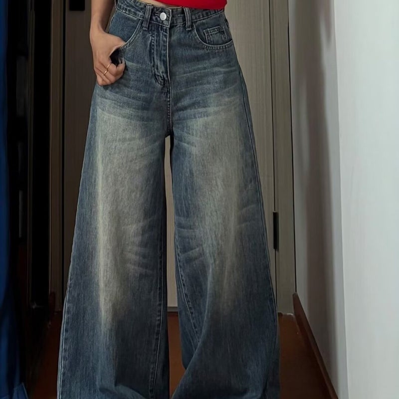 Petite Retro Washed A-Line Wide-Leg Jeans For Women, High-Waisted Loose Slimming Straight-Leg Floor-Length Pants - Image 1