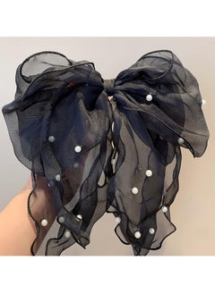 KHAJUL 2-Pieces Pearl Bow Hair Clips Large Hairbands for Women,Metal Clip Bow Aesthetic Hair Accessories (Black+Beige)  - Image 4