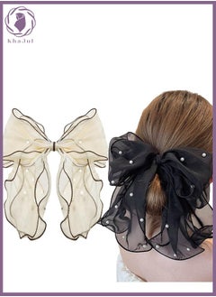 KHAJUL 2-Pieces Pearl Bow Hair Clips Large Hairbands for Women,Metal Clip Bow Aesthetic Hair Accessories (Black+Beige)  - Image 1