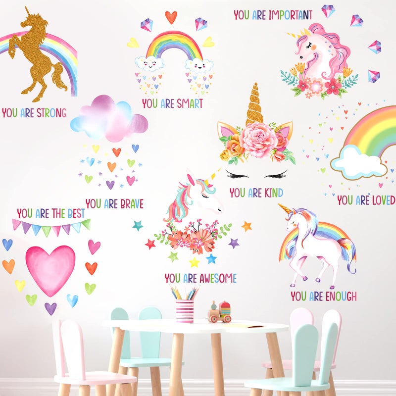 Epakh 9 Pieces Unicorn Room Stickers For Girls Bedroom Unicorn Rainbow Wall Stickers Removable Inspirational Wall Decal For Girls Kids Bedroom Nursery Birthday Party - Image 1