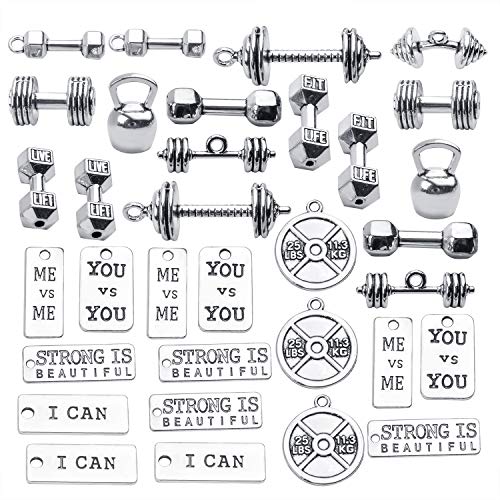 BronaGrand 32pcs Sport Charms Barbell Dumbbell Kettle Bell Weightlifting Charms Pendants for Necklace Bracelets Jewellery Making Crafting,14 Styles - Image 1