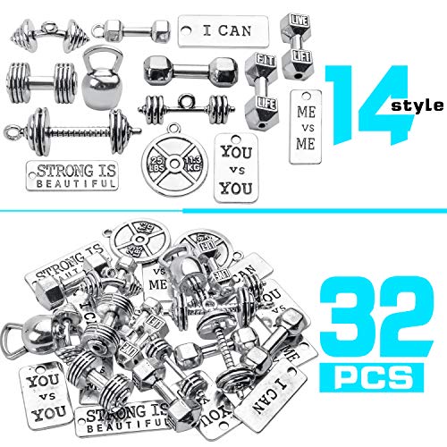 BronaGrand 32pcs Sport Charms Barbell Dumbbell Kettle Bell Weightlifting Charms Pendants for Necklace Bracelets Jewellery Making Crafting,14 Styles - Image 2