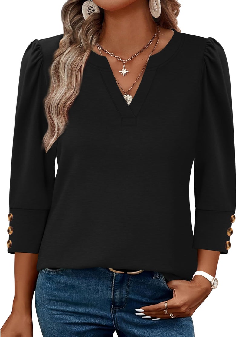 WIHOLL 3/4 Length Sleeve Womens Tops Business Casual Outfits for Women Summer Women's Clothing Fall Fashion Plus Size Spring Clothes Work Office Shirts Teacher Outfits Women Blouses Dressy Casual Black 3XL - Image 2