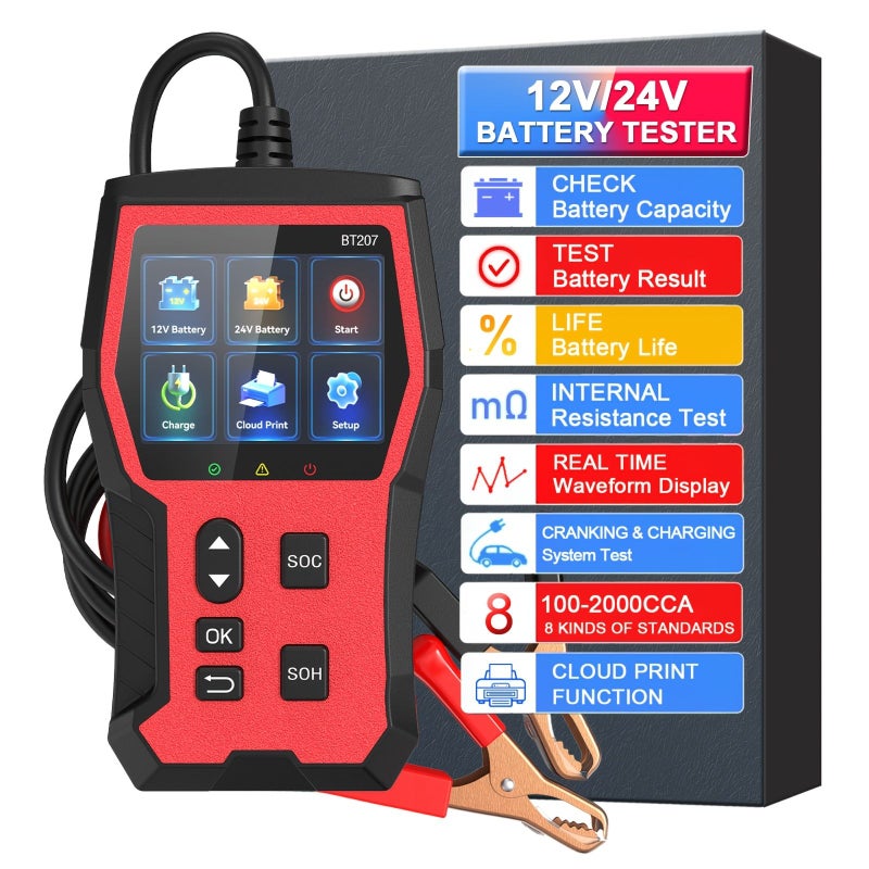 اختبار بطارية BT207 12V 24V مع خاصية SOC SOH والطباعة السحابية وشاشة TFT بحجم 2.8 بوصة للسيارات والشاحنات والمركبات الترفيهية والدراجات النارية والقوارب - Image 4