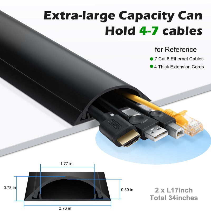 ZhiYo Cord Cover Floor 34in (2 x L17in), Large Capacity Floor Cable Cover, Hard PVC Cord Hider, Wire Cable Management Raceway, Black, Cord Cavity - 1.8"(W) x 0.6"(H) - Image 2