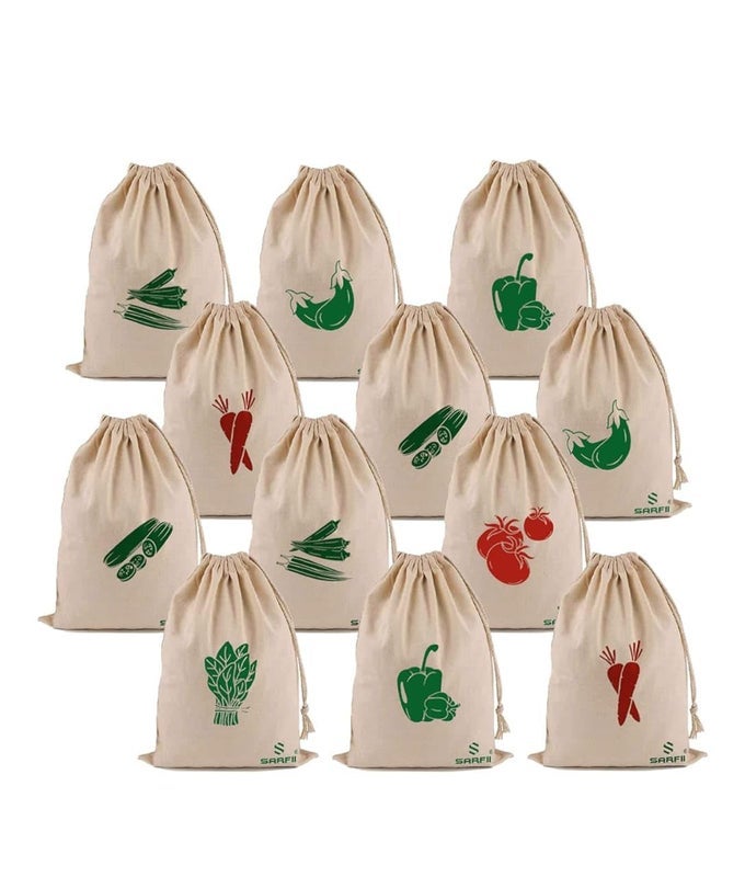 PACK OF 12 COTTON VEGETABLE BAGS FRIDGE STORAGE BAG SABJI FRUITS POUCH REFRIGERATOR PRODUCE BAGS CLOTHE MUSLIN REUSABLE WASHABLE WITH DRAWSTRINGS