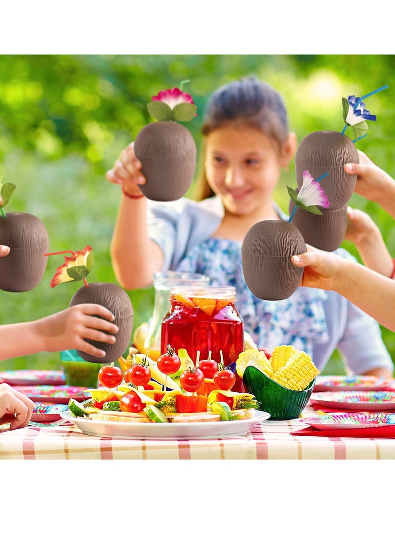 SYOSI 18 Pieces Coconut Cups with 18 Pieces of Plastic Colorful Hibiscus Straws for Hawaiian Luau Kids Party Summer Beach Party Tiki and Beach Theme Party Fun Drink or Decoration Cups - Image 4