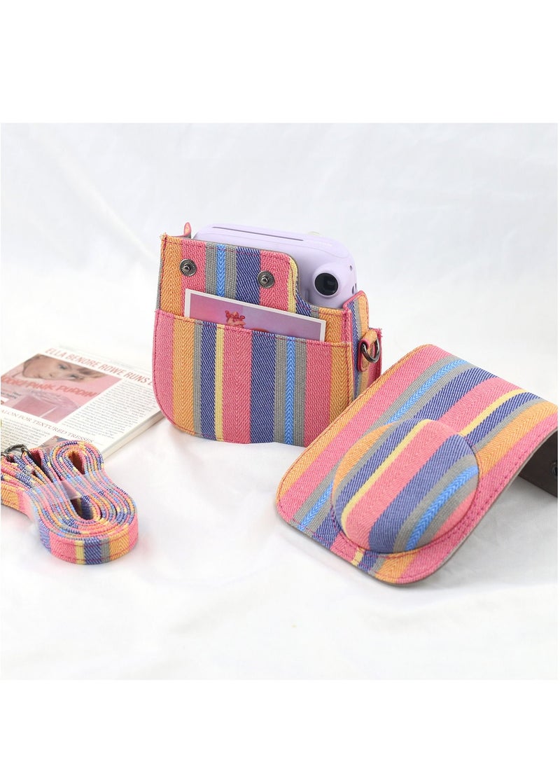 Canvas PU Leather Camera Case Compatible with Instax Mini 11/9/8 Instant Camera with Adjustable Strap and Pocket Colorful Stripes Storage Bag  - Image 4