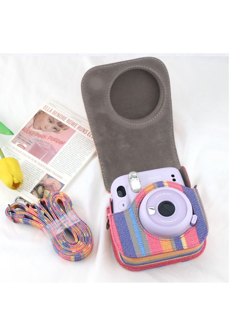 Canvas PU Leather Camera Case Compatible with Instax Mini 11/9/8 Instant Camera with Adjustable Strap and Pocket Colorful Stripes Storage Bag  - Image 3