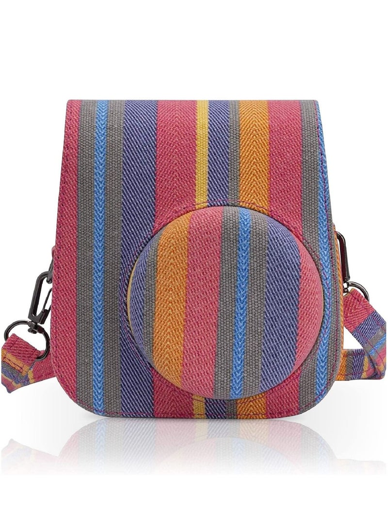 Canvas PU Leather Camera Case Compatible with Instax Mini 11/9/8 Instant Camera with Adjustable Strap and Pocket Colorful Stripes Storage Bag  - Image 2