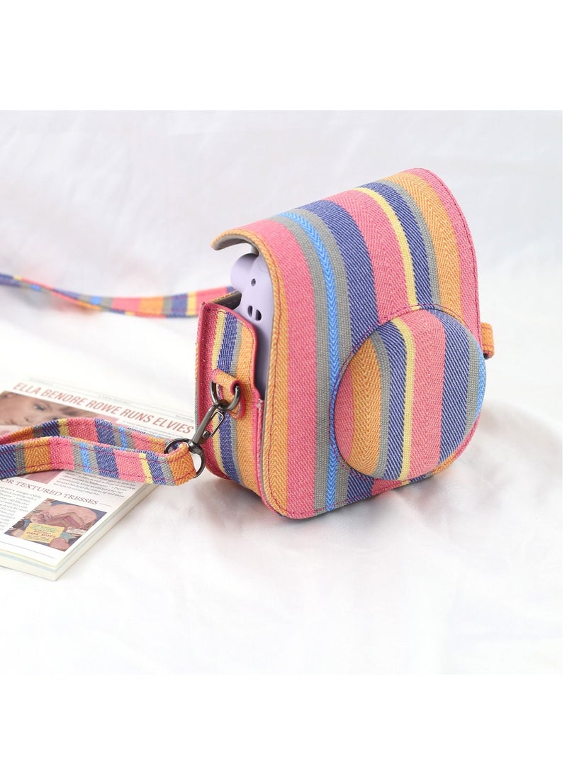 Canvas PU Leather Camera Case Compatible with Instax Mini 11/9/8 Instant Camera with Adjustable Strap and Pocket Colorful Stripes Storage Bag  - Image 5