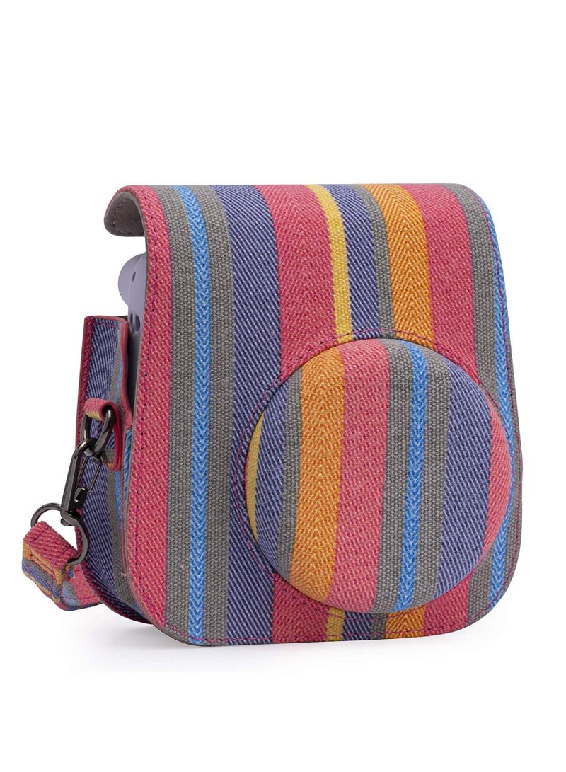 Canvas PU Leather Camera Case Compatible with Instax Mini 11/9/8 Instant Camera with Adjustable Strap and Pocket Colorful Stripes Storage Bag  - Image 1