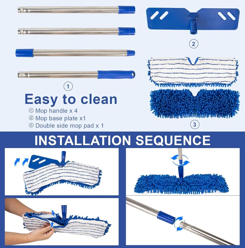 مكنسة غبار من الألياف الدقيقة لتنظيف الأرضيات - أقراص قابلة للغسيل من جانبين، مقبض من الفولاذ المقاوم للصدأ قابل للتعديل (طول 30.7 إلى 56.7 بوصة) - يمكن استخدامها في الحالات الرطبة أو الجافة لأرضيات الخشب الصلب، اللامينات، البلاط، والرخام، مزودة برؤوس مكنسة دوارة.