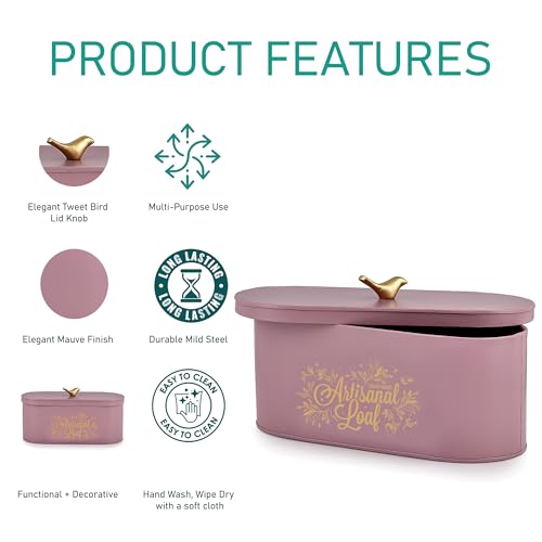 Elan Gingham and Blooms Bread Box with Tweet Bird Knob, Food-Grade Storage for Bread and Bakery Storage Container (Mauve) - Image 3