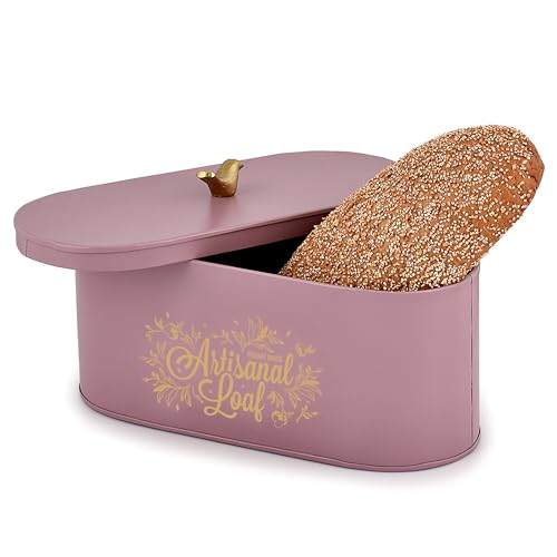 Elan Gingham and Blooms Bread Box with Tweet Bird Knob, Food-Grade Storage for Bread and Bakery Storage Container (Mauve) - Image 1