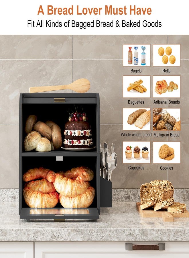 TQVAI Roll Top Bread Box for Kitchen Countertop, Keep Fresh Longer, Easy to Maintenance, Double Layer Vintage Wooden Breadbox with Window for Homemade Bread, Sandwich Loaves, Baked Goods (Black) - Image 4