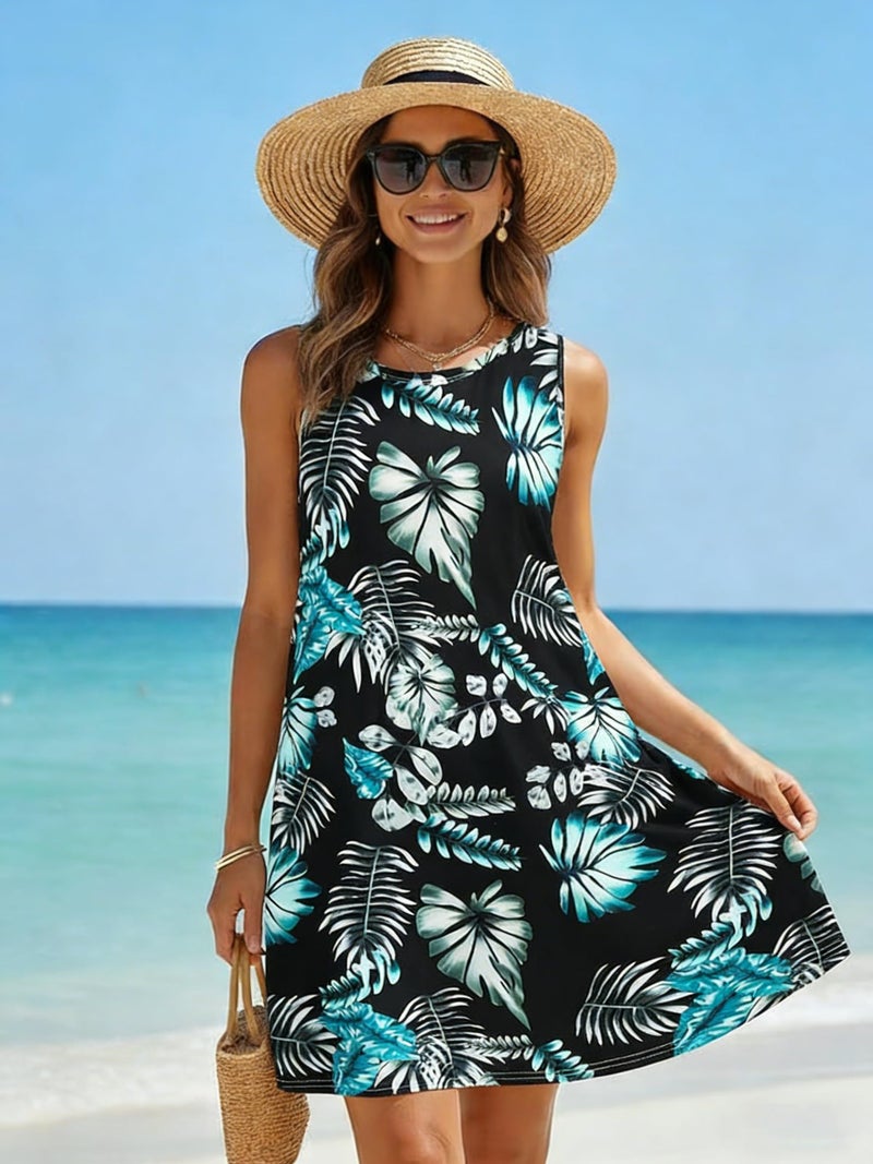 elescat Black and Blue Dresses for Women Summer Beach Sleeveless Sundress Pockets Swing Casual Loose Tshirt Dress(Floral, M) - Image 3