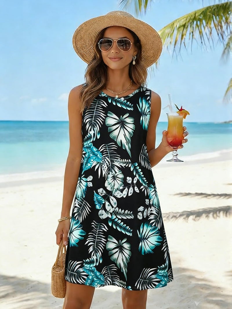 elescat Black and Blue Dresses for Women Summer Beach Sleeveless Sundress Pockets Swing Casual Loose Tshirt Dress(Floral, M) - Image 2
