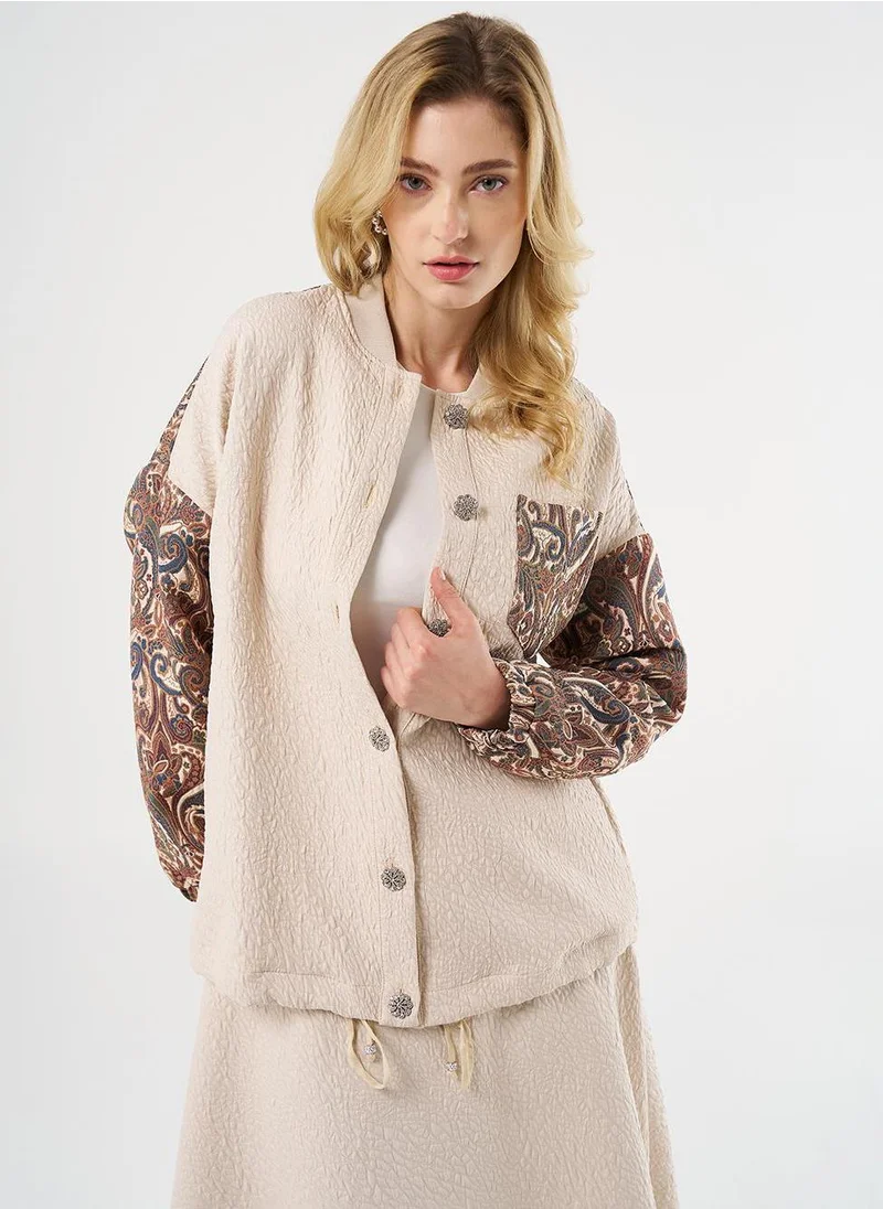 Kayra Jacquard Detailed Textured Jacket Cream