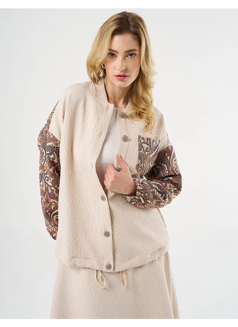 Kayra Jacquard Detailed Textured Jacket Cream