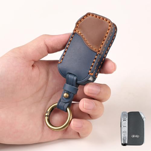 keyzone Dual Leather Key Cover fit for Kia Carens Clavis, Seltos, Sonet 2023 Facelift Carens 4 Button smart Key (Blue-Brown) - Image 1