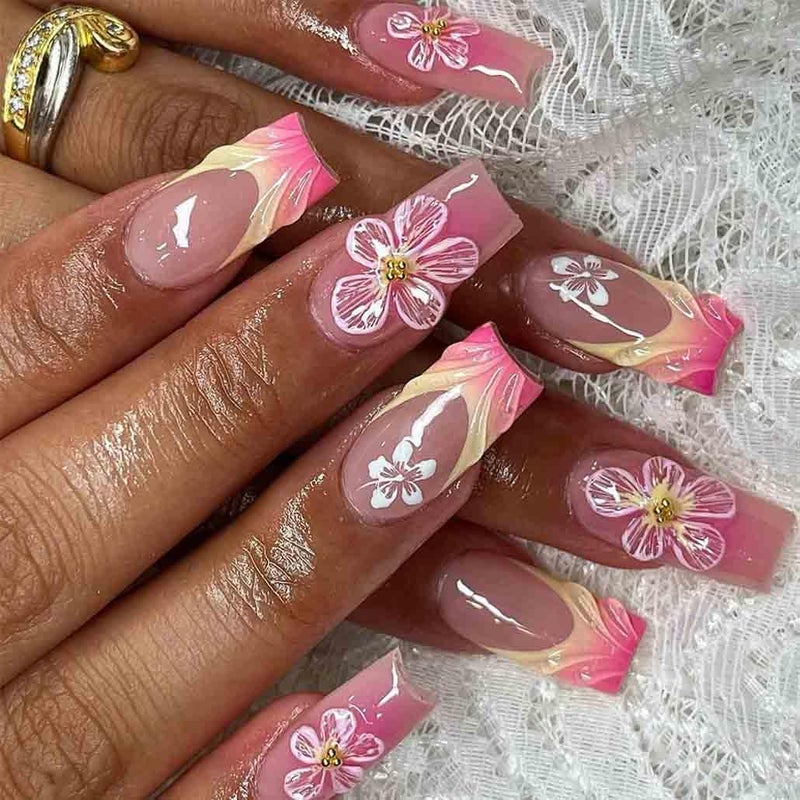 Foccna French Press on Nails Medium Long Pink Fake Nails Square Bling Glossy 3D Flower Design False Nail Tips Artificial Nails Finger Manicure for Women and Girls24pcs - Image 2