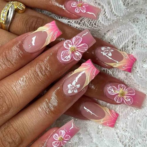 Foccna French Press on Nails Medium Long Pink Fake Nails Square Bling Glossy 3D Flower Design False Nail Tips Artificial Nails Finger Manicure for Women and Girls24pcs - Image 1